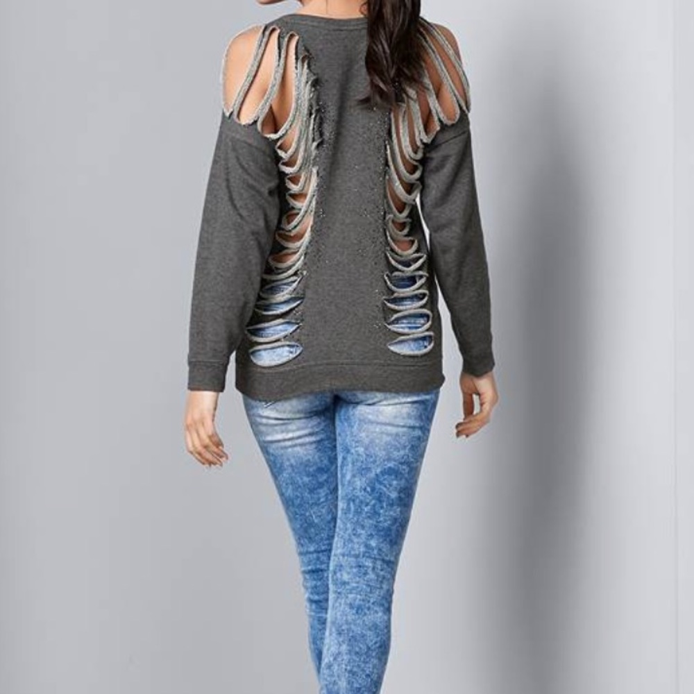 Long Sleeves unique Detail Sweatshirt size XS ( it’s roomy) Gray color NWT - Picture 3 of 6